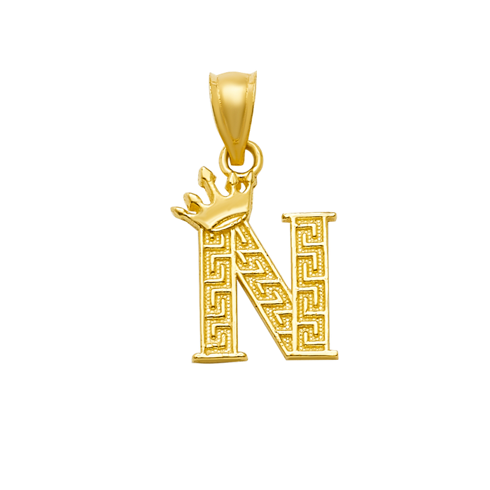 10K/14K Solid Gold "N" Crown Greek Key Pendant