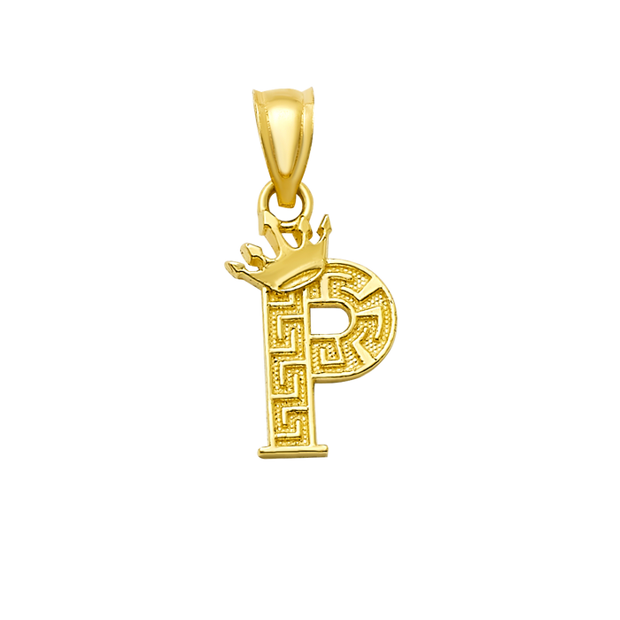 10K/14K Solid Gold "P" Crown Greek Key Pendant