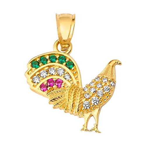 10K/14K Solid Gold Peacock Pendant with Multicolor CZ Stones