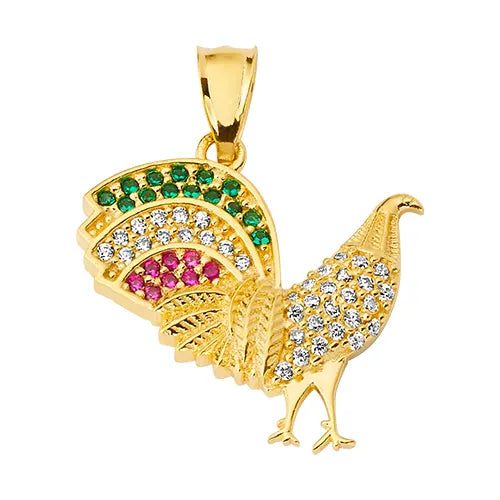 10K/14K Solid Gold Peacock Pendant with Multicolor CZ Stones