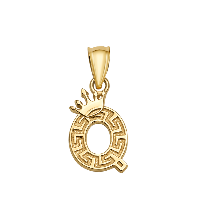 10K/14K Solid Gold "Q" Crown Greek Key Pendant