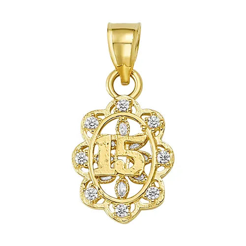 10K/14K Solid Gold Quinceañera Floral Frame Necklace Charm