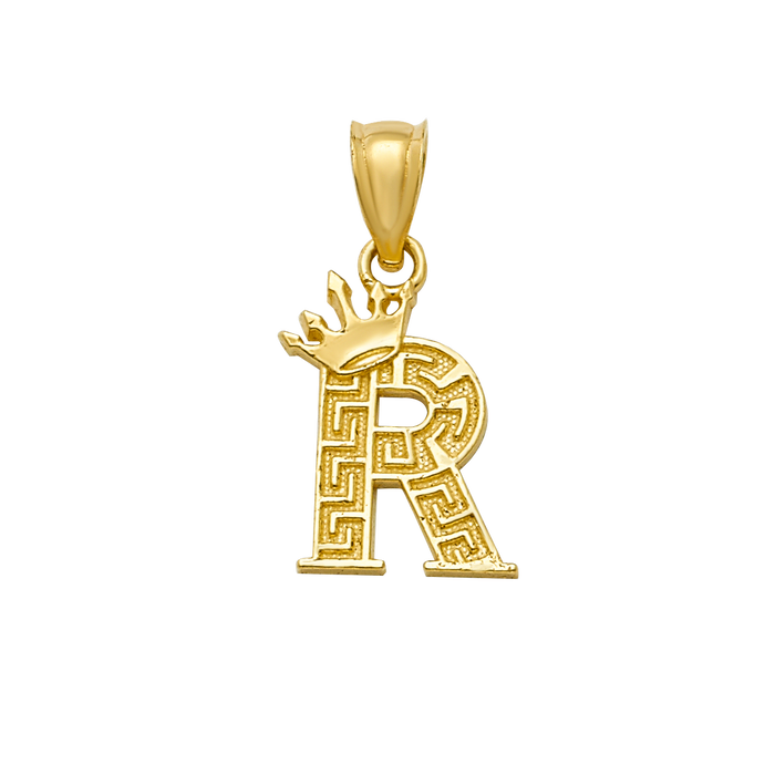 10K/14K Solid Gold "R" Crown Greek Key Pendant