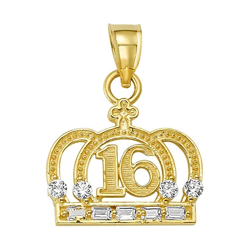 10K/14K Solid Gold Royal Sweet 16 Tiara Necklace Charm