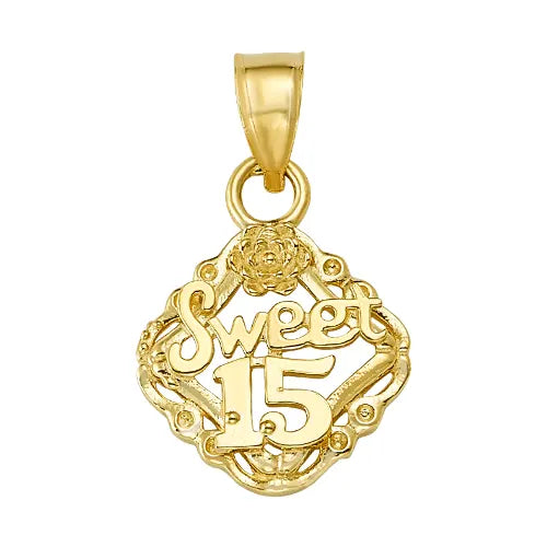 10K/14K Solid Gold Sweet 15 Rose & Heart Pendant