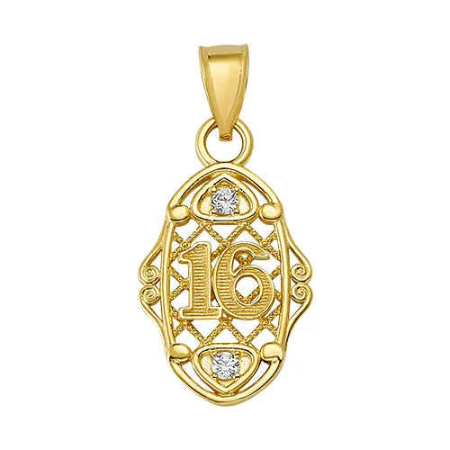 10K/14K Solid Gold Sweet 16 Lattice Necklace Charm with CZ