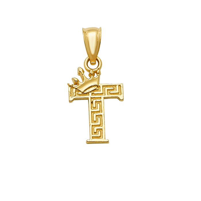 10K/14K Solid Gold "T" Crown Greek Key Pendant