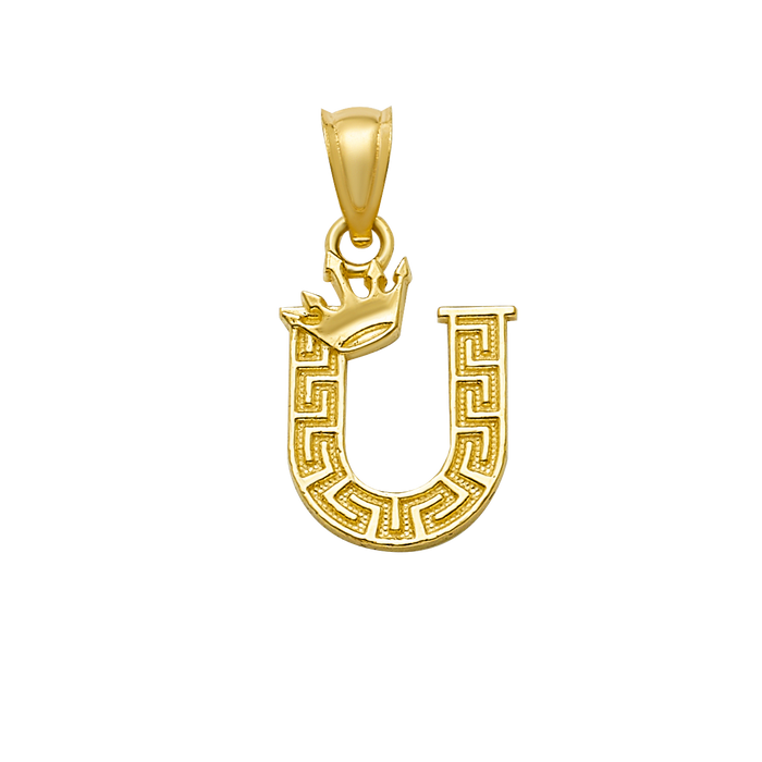 10K/14K Solid Gold "U" Crown Greek Key Pendant