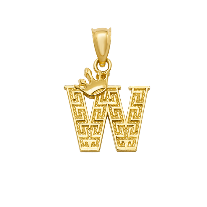10K/14K Solid Gold "W" Crown Greek Key Pendant