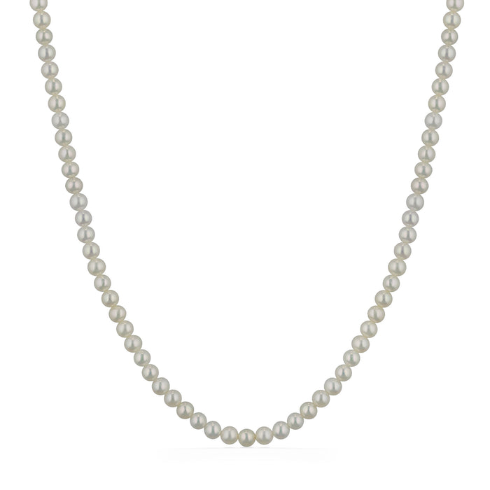 Classic strand of 4-4.5mm round white freshwater pearls arranged in a timeless, symmetrical necklace design. Item No. 224412