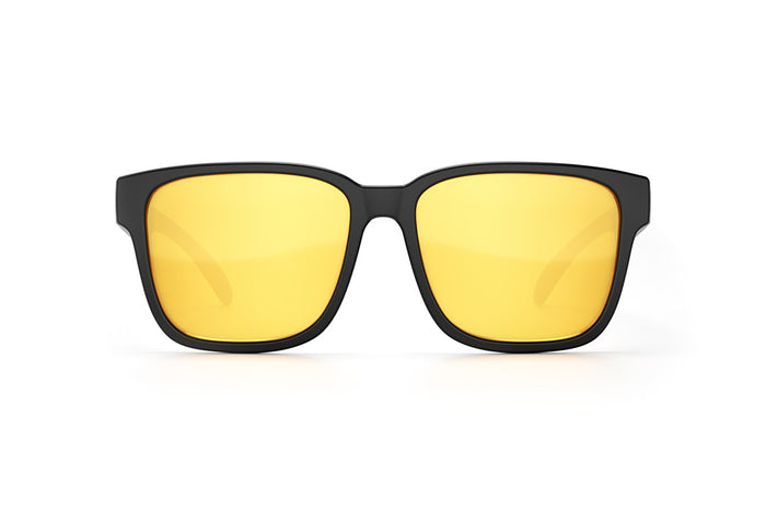 Front of Heat Wave Visual Apollo Sunglasses with black frame and gold lenses.