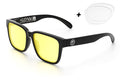 Heat Wave Visual Apollo Sunglasses with black frame, hi vis yellow lenses and clear lenses.