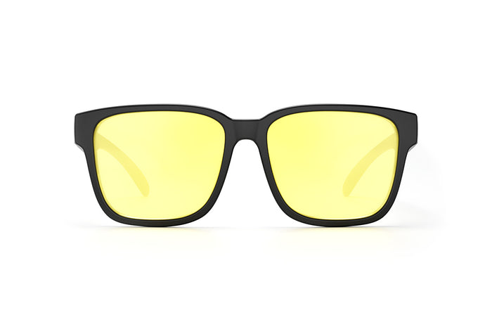 Front of Heat Wave Visual Apollo Sunglasses with black frame and hi vis yellow lenses.