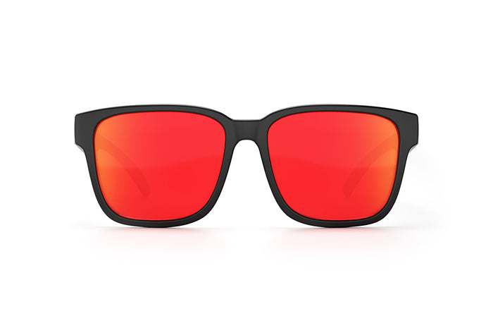 Front of Heat Wave Visual Apollo Sunglasses with black frame, turbo striped print arms and sunblast orange yellow lens.