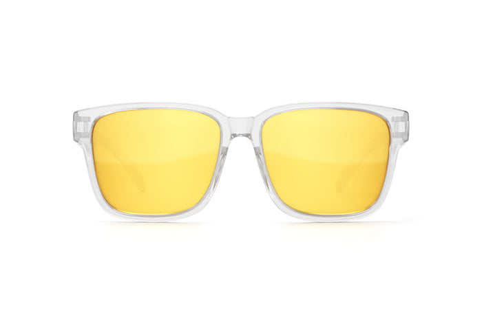 Front of Heat Wave Visual Apollo Sunglasses with clear frame and gold lenses.