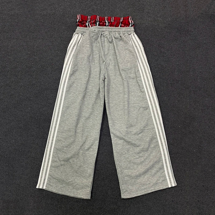 AURELLE Women's Checkered Double-Waist Wide Leg Sweatpants – Letter Embroidery Streetwear