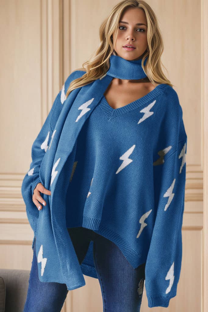 Blue FUZZY THUNDER PRINTED KNITTED LONG WRAP SCARF SCP10269