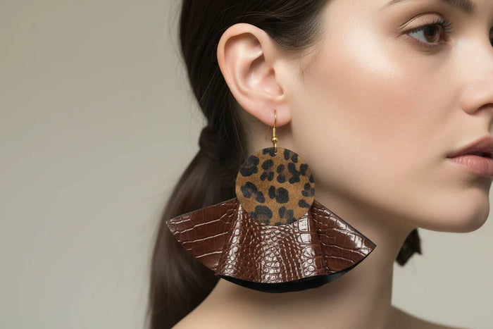 Brown Croc & Leopard Leather Bold Statement Earrings