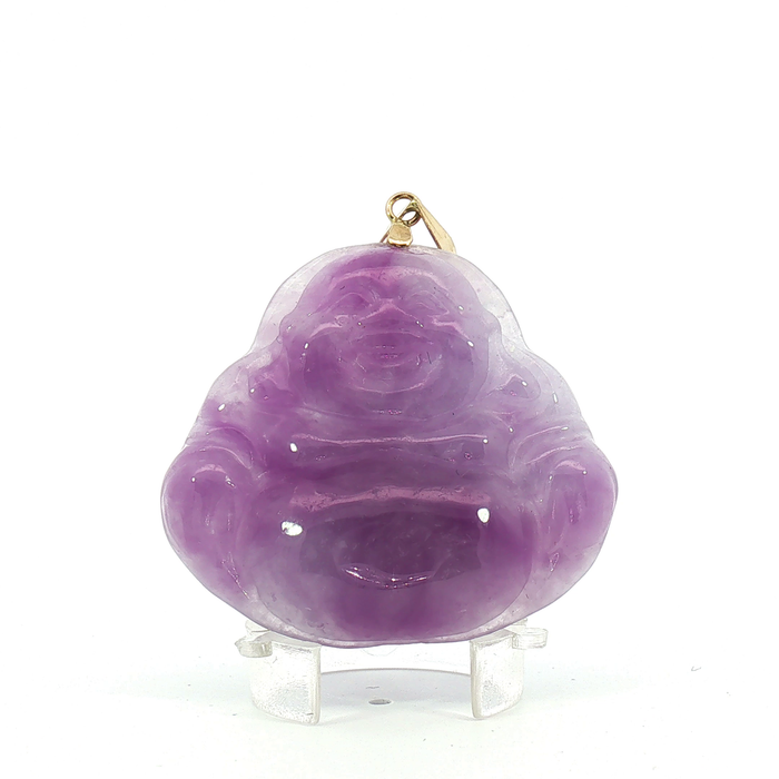 Carved Amethyst Laughing Buddha Pendant with 14k Yellow Gold bail