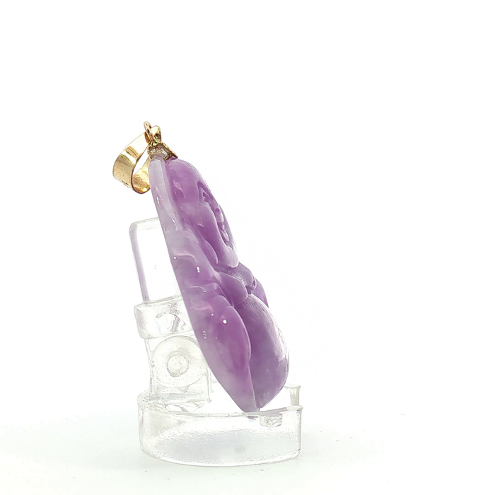 Carved Amethyst Laughing Buddha Pendant with 14k Yellow Gold bail