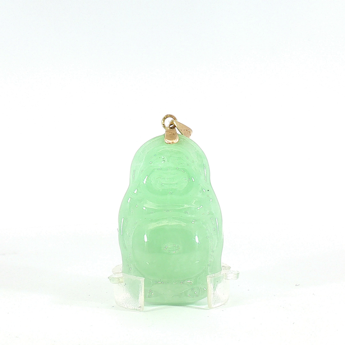 Carved Green Jade Buddha Pendant with 14k Yellow Gold bail