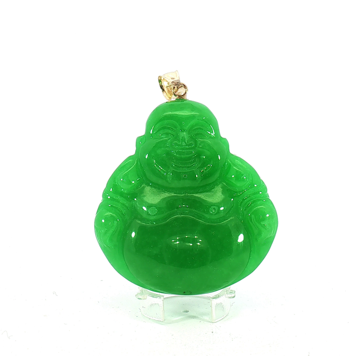 Carved Green Jade Buddha Pendant with 14k Yellow Gold bail