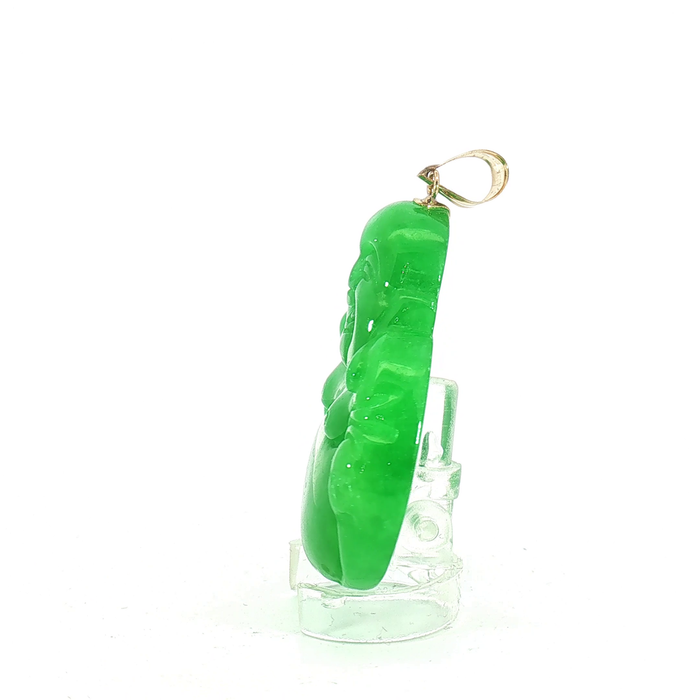 Carved Green Jade Buddha Pendant with 14k Yellow Gold bail
