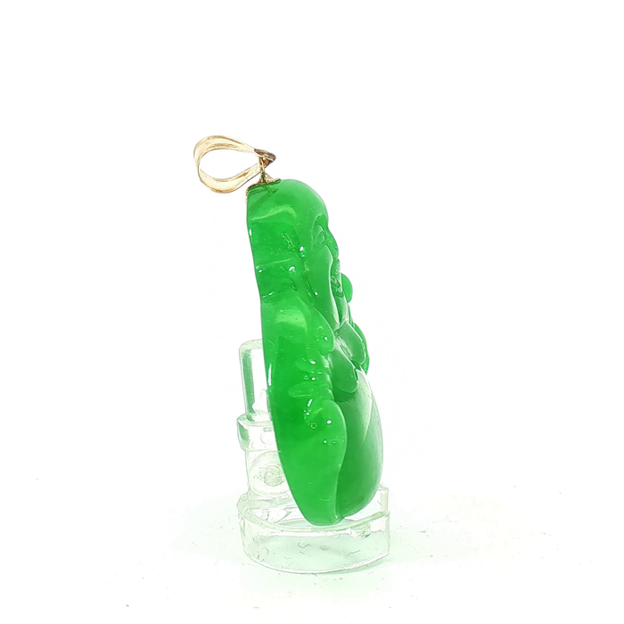 Carved Green Jade Buddha Pendant with 14k Yellow Gold bail