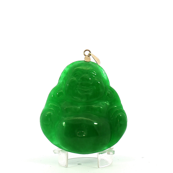 Carved Green Jade Laughing Buddha Pendant with 14k Yellow Gold bail
