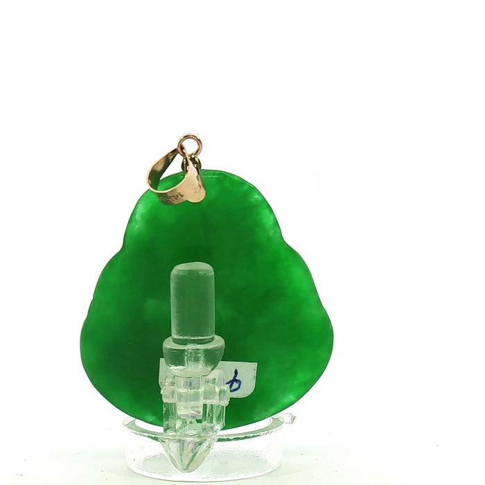 Carved Green Jade Laughing Buddha Pendant with 14k Yellow Gold bail