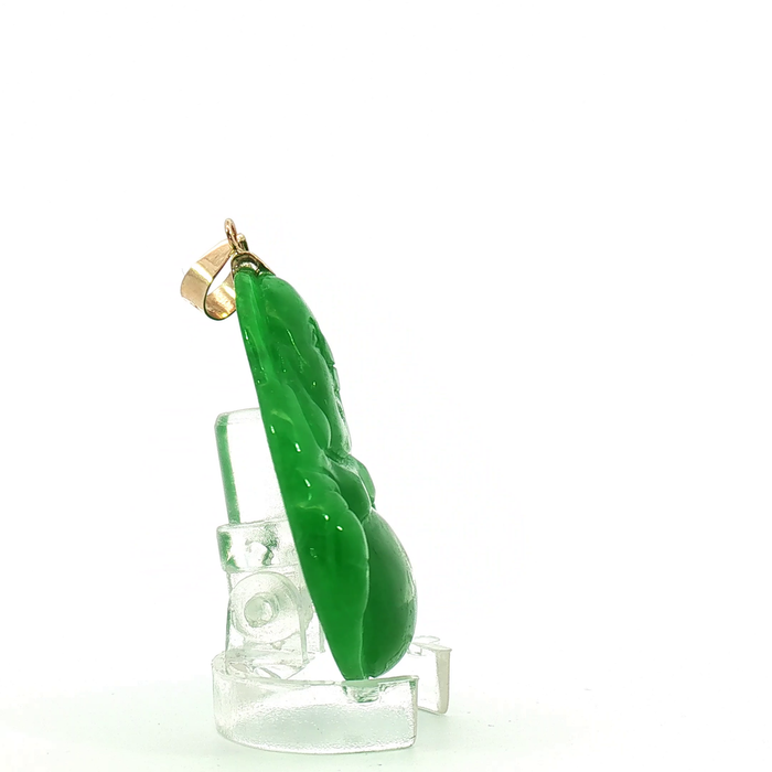 Carved Green Jade Laughing Buddha Pendant with 14k Yellow Gold bail