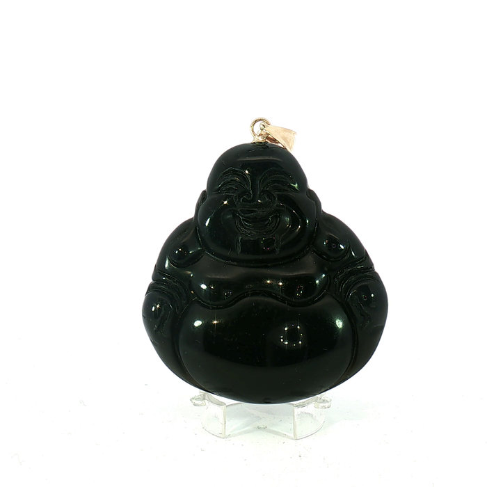 Carved Obsidian Laughing Buddha Pendant with 14k Yellow Gold bail