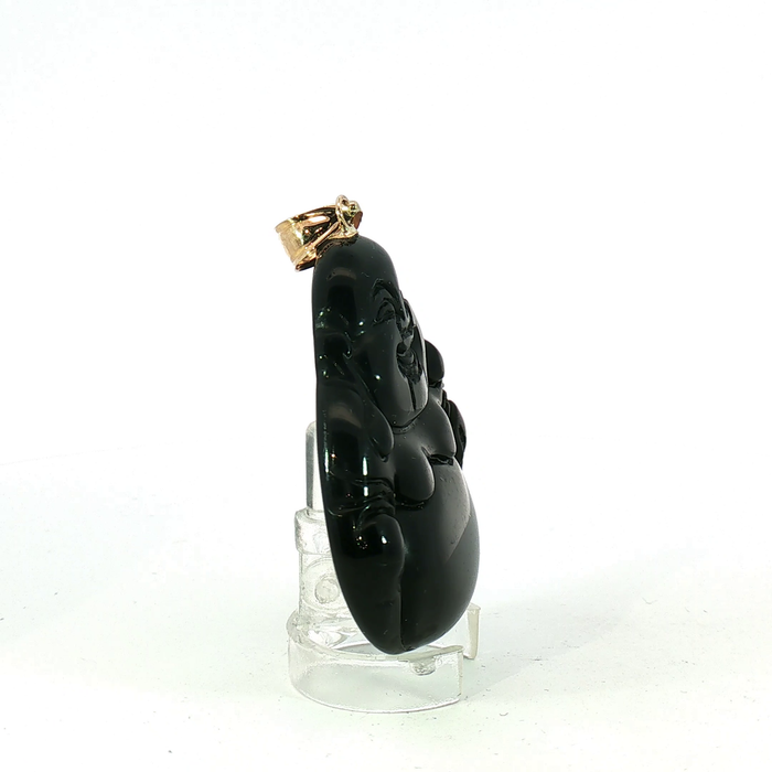 Carved Obsidian Laughing Buddha Pendant with 14k Yellow Gold bail