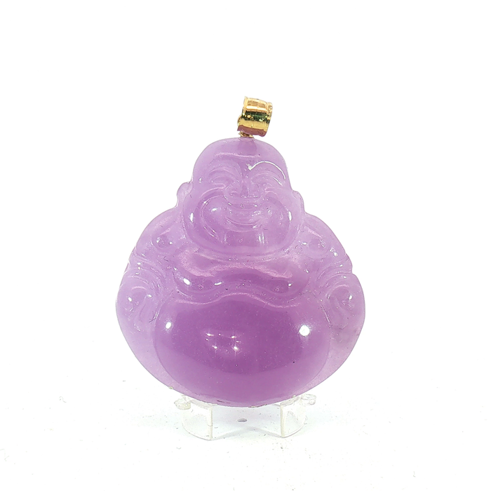 Carved Purple Jade Laughing Buddha Pendant with 14k Yellow Gold bail
