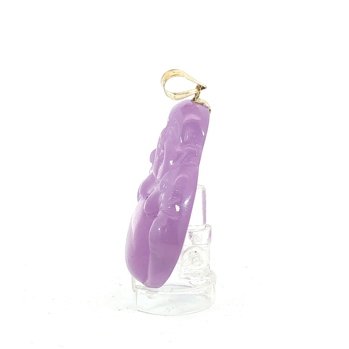 Carved Purple Jade Laughing Buddha Pendant with 14k Yellow Gold bail