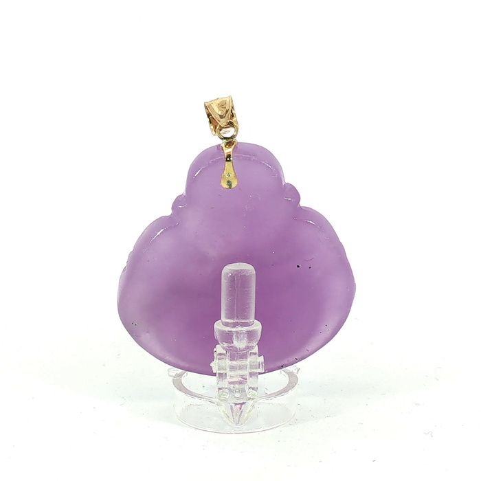 Carved Purple Jade Laughing Buddha Pendant with 14k Yellow Gold bail
