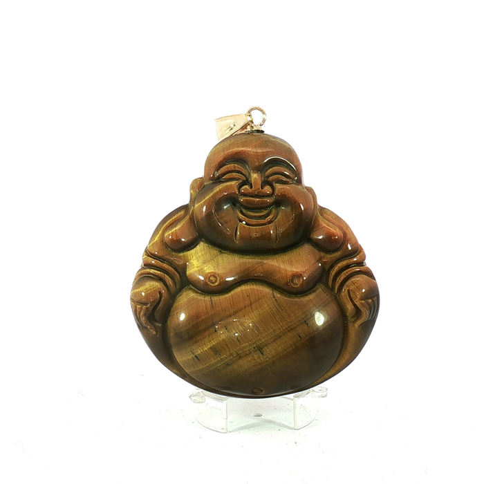 Carved Quartz Laughing Buddha Pendant with 14k Yellow Gold bail