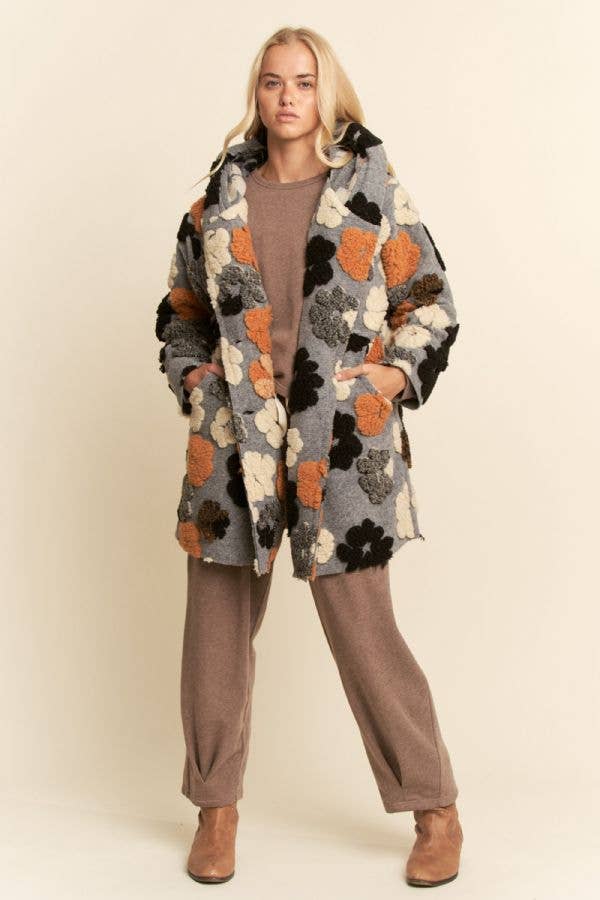 CHUNKY FLOWER EMBROIDERED HOODIE COAT JACKET
