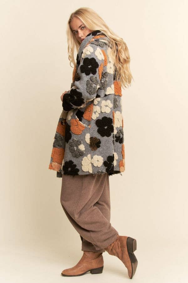 CHUNKY FLOWER EMBROIDERED HOODIE COAT JACKET