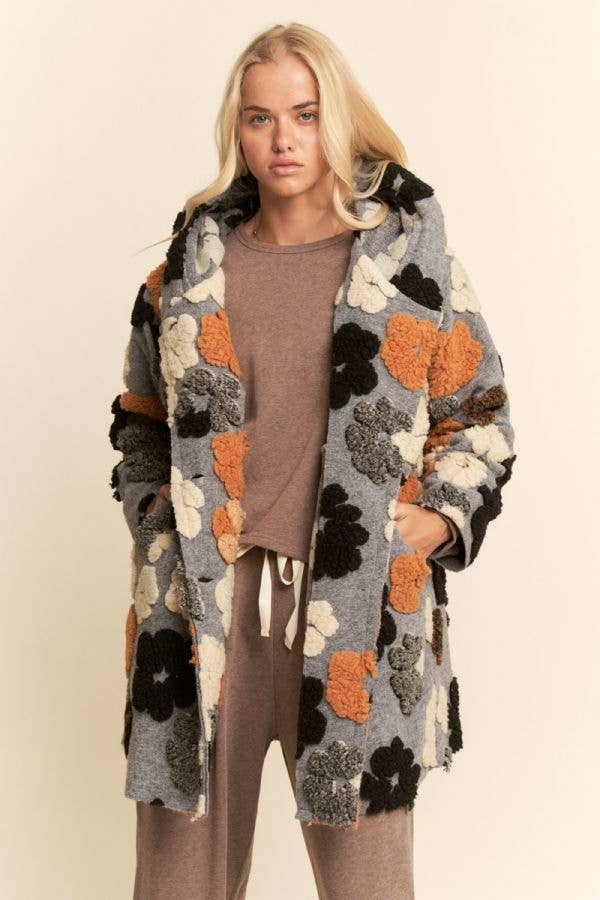 CHUNKY FLOWER EMBROIDERED HOODIE COAT JACKET