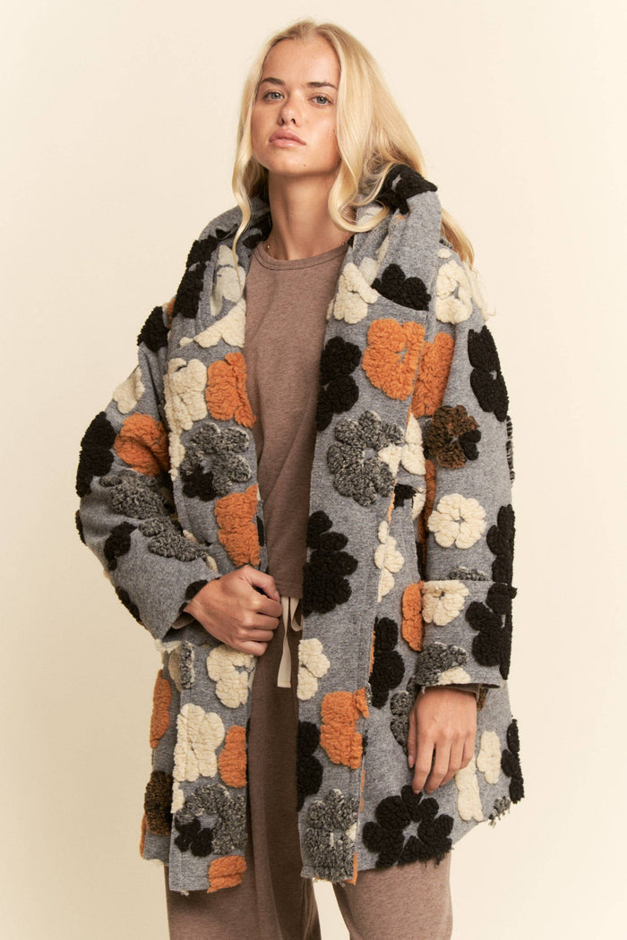 CHUNKY FLOWER EMBROIDERED HOODIE COAT JACKET