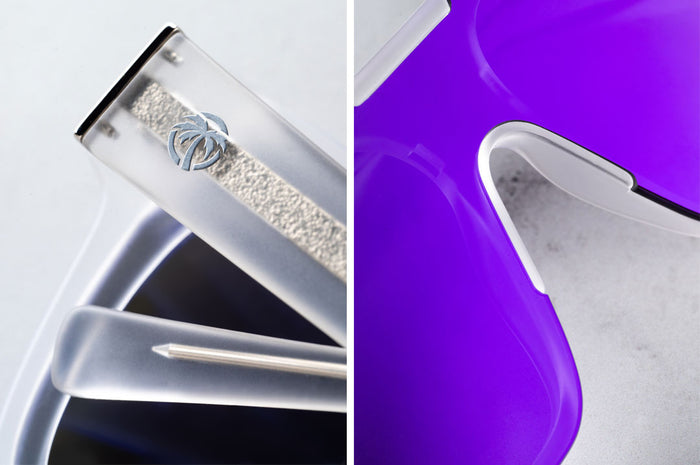 Close up of Heat Wave Clarity with Vapor Frost Frame and Purple Lenses