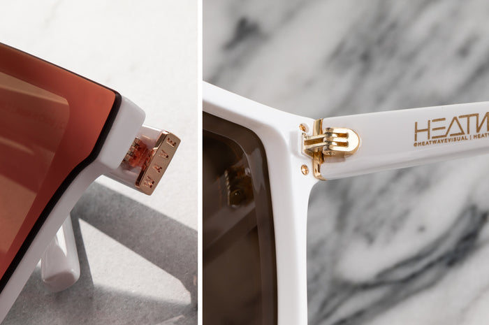 Close up of metal hinge on Heat Wave Visual Womens Clarity Sunglasses with white frame.