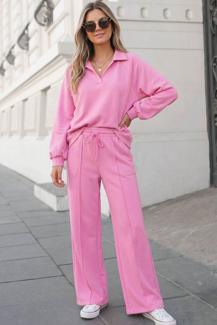 Collared Pullover and Drawstring Sweatpants 2Pcs Set | S-XL