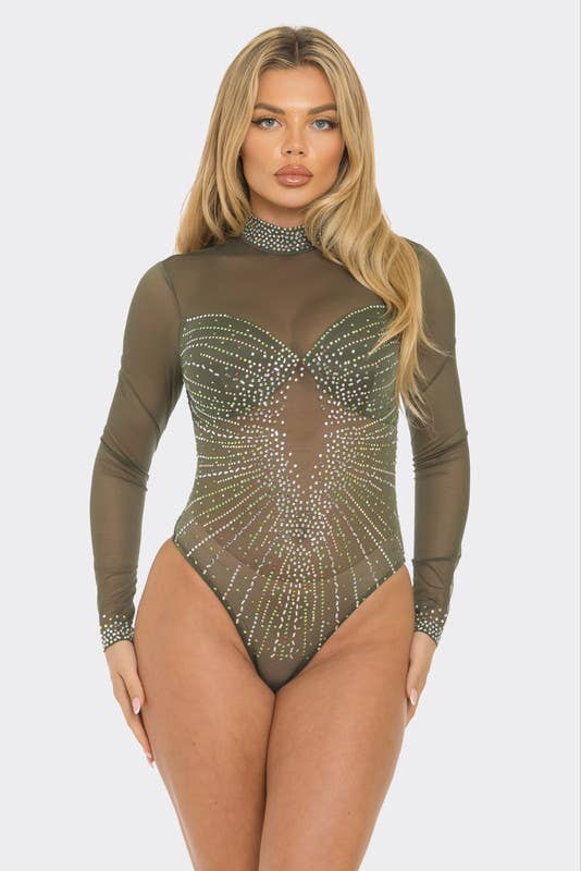 Colorful Rhinestone Sheer Mesh Bodysuit - BBS44154