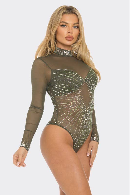 Colorful Rhinestone Sheer Mesh Bodysuit - BBS44154