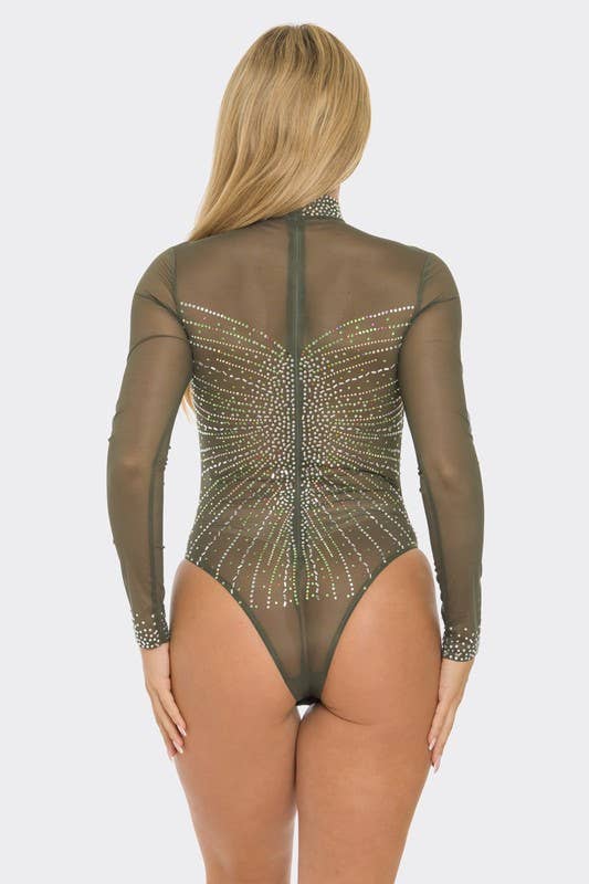 Colorful Rhinestone Sheer Mesh Bodysuit - BBS44154