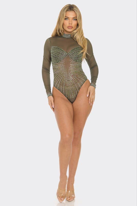 Colorful Rhinestone Sheer Mesh Bodysuit - BBS44154