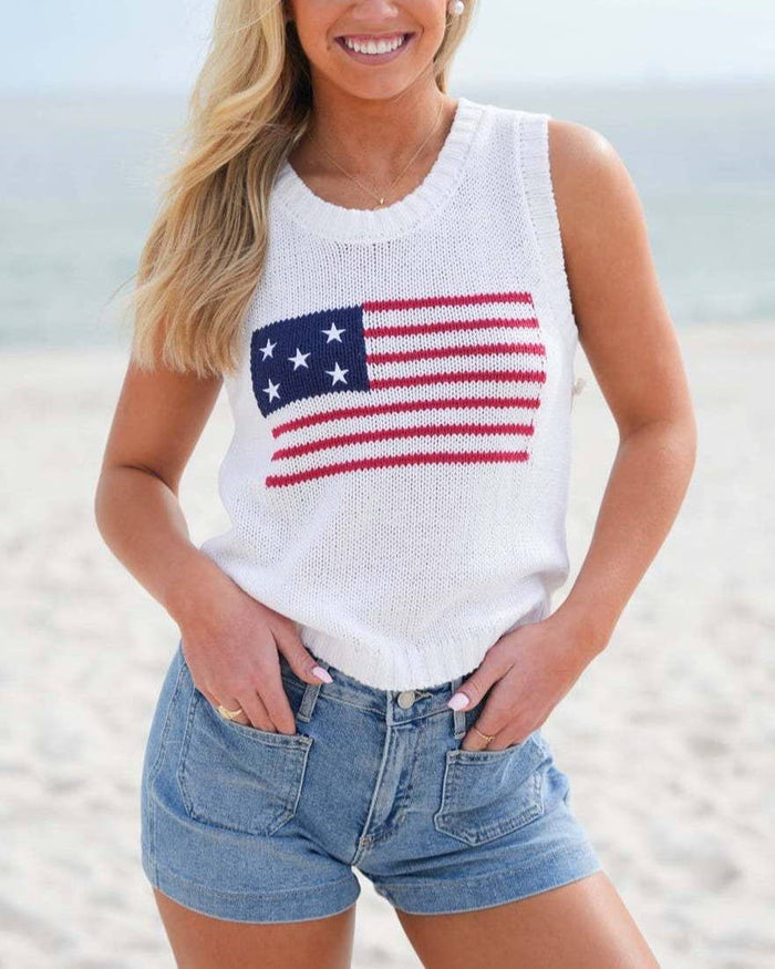 Crew Neck American Flag Knit Tank Top