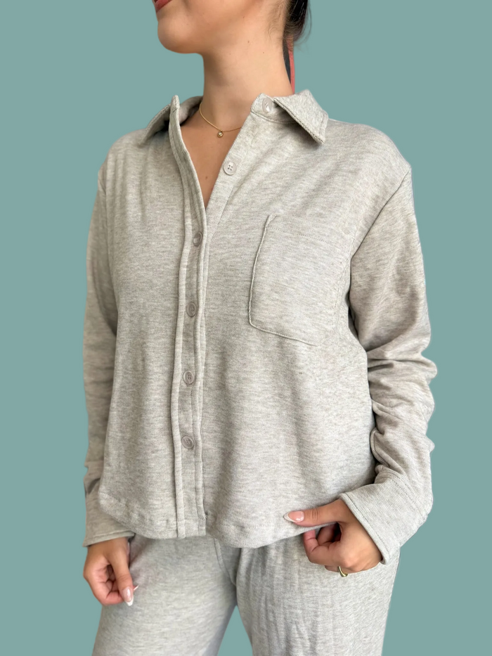 Cropped L/S Button Up - Taupe
